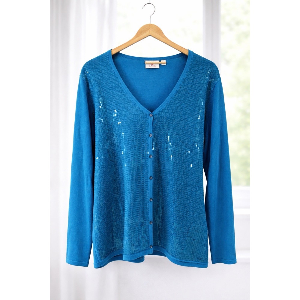 Quacker Factory Sequin Front Cardigan Sweater Knit Aqua Blue‎ Size XL